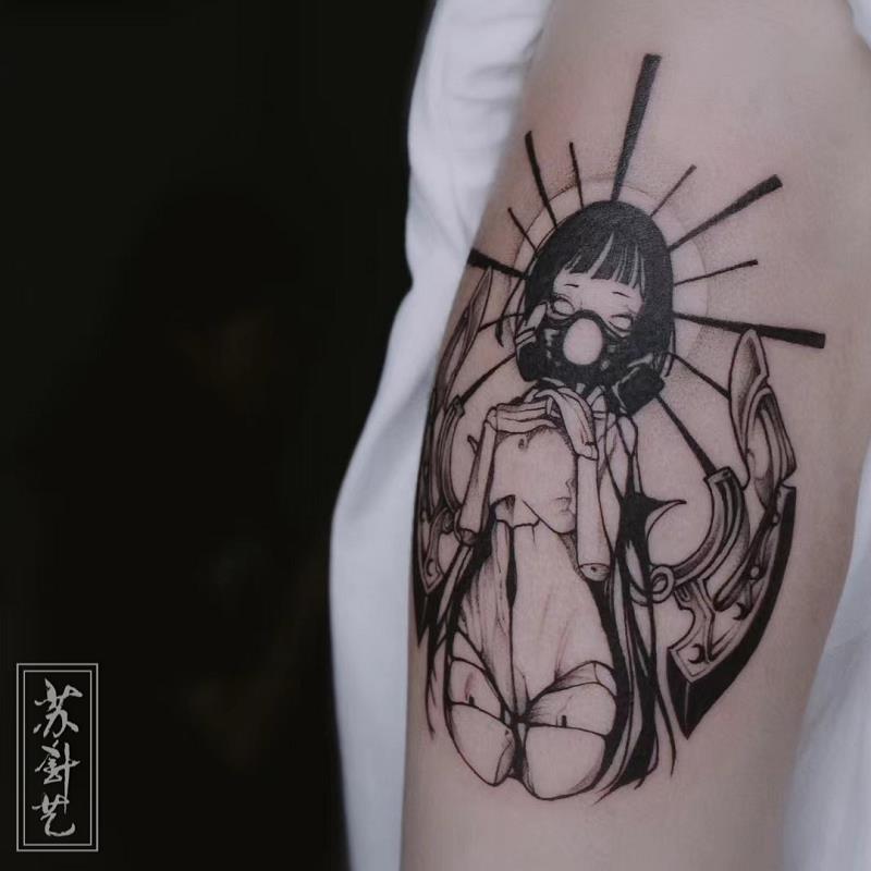 机械铠甲二次元少女黑灰纹身，个性小众暗黑动漫题材纹身