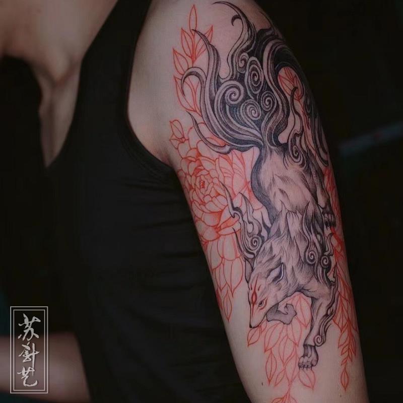 新传统九尾狐花臂纹身｜雾纹样搭配牡丹细节绝了